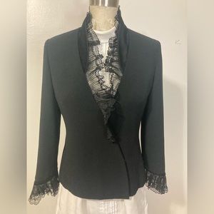 Black petite 3/4 sleeve blazer with pleated lace collar and cuffs